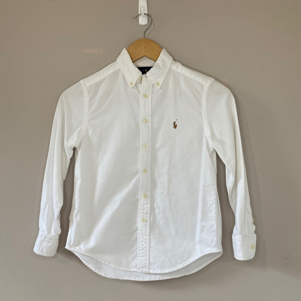 Ralph Lauren Boys White Cotton Oxford Button Down Shirt Size SMALL 8 Long Sleeve
